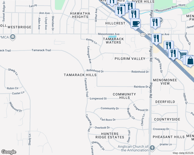 map of restaurants, bars, coffee shops, grocery stores, and more near Hiawatha Court in Menomonee Falls