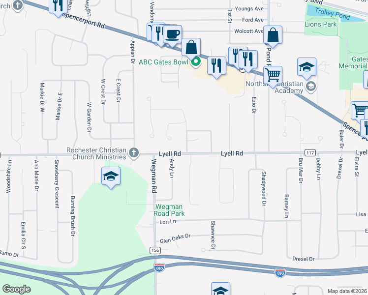 map of restaurants, bars, coffee shops, grocery stores, and more near 119 Rahway Road in Rochester