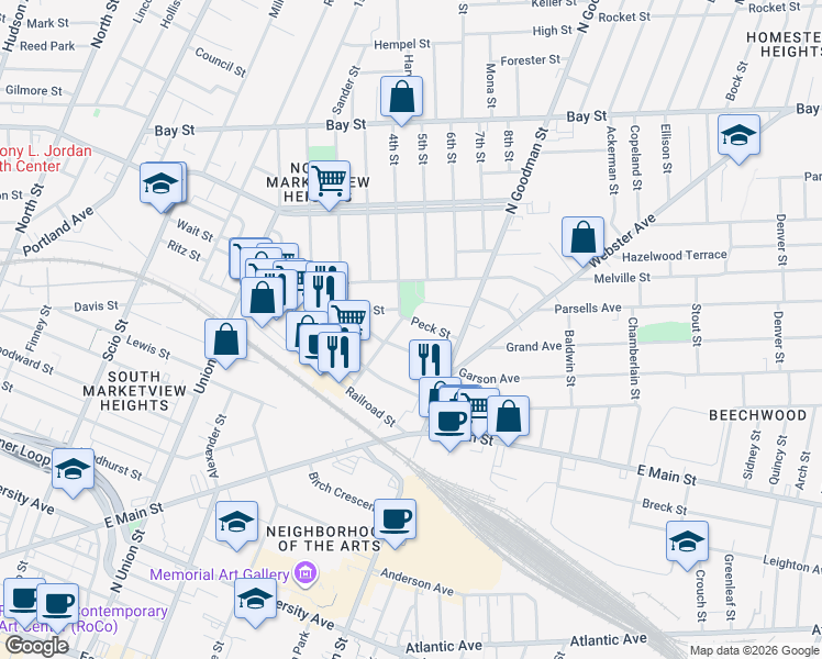map of restaurants, bars, coffee shops, grocery stores, and more near in Rochester