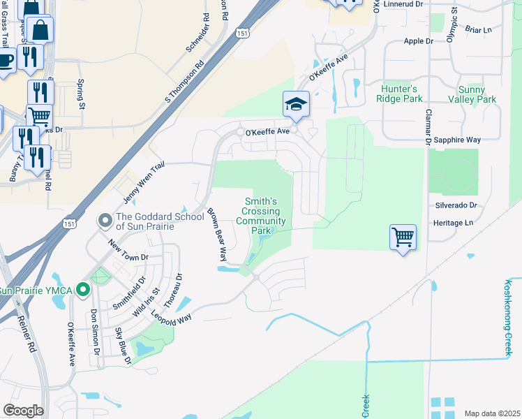map of restaurants, bars, coffee shops, grocery stores, and more near 1221 O'Keeffe Avenue in Sun Prairie