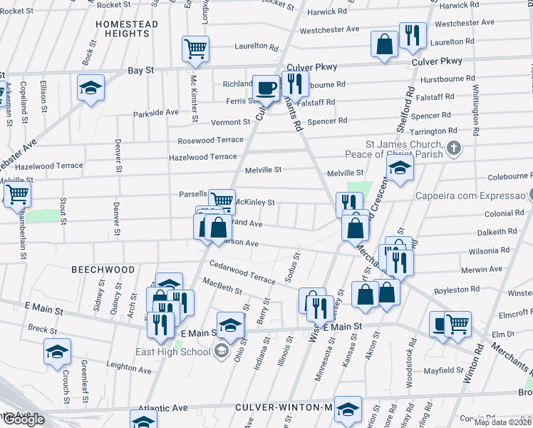 map of restaurants, bars, coffee shops, grocery stores, and more near 93 McKinley Street in Rochester