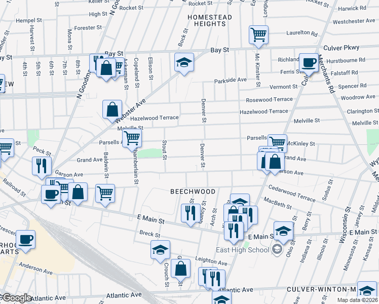 map of restaurants, bars, coffee shops, grocery stores, and more near 285 Parsells Avenue in Rochester