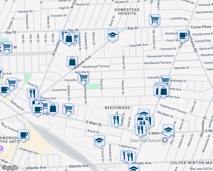 map of restaurants, bars, coffee shops, grocery stores, and more near 237 Parsells Avenue in Rochester