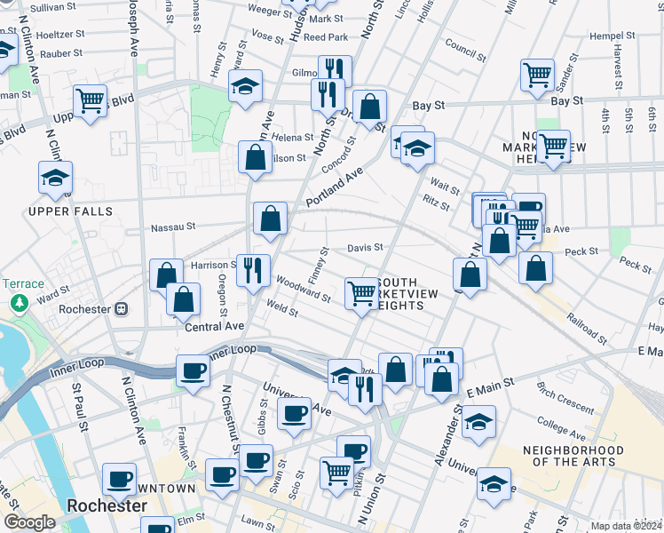 map of restaurants, bars, coffee shops, grocery stores, and more near 9-15 Lewis Street in Rochester