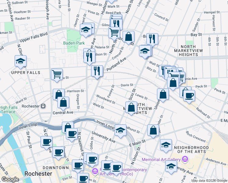 map of restaurants, bars, coffee shops, grocery stores, and more near 9-15 Lewis Street in Rochester