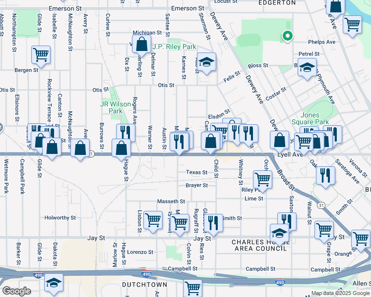 map of restaurants, bars, coffee shops, grocery stores, and more near 37 Myrtle Street in Rochester