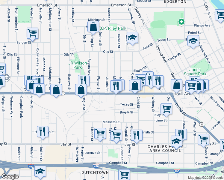 map of restaurants, bars, coffee shops, grocery stores, and more near 8 Austin Street in Rochester
