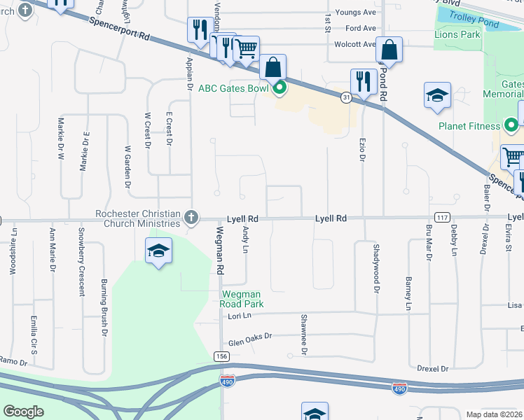 map of restaurants, bars, coffee shops, grocery stores, and more near 119 Rahway Road in Rochester