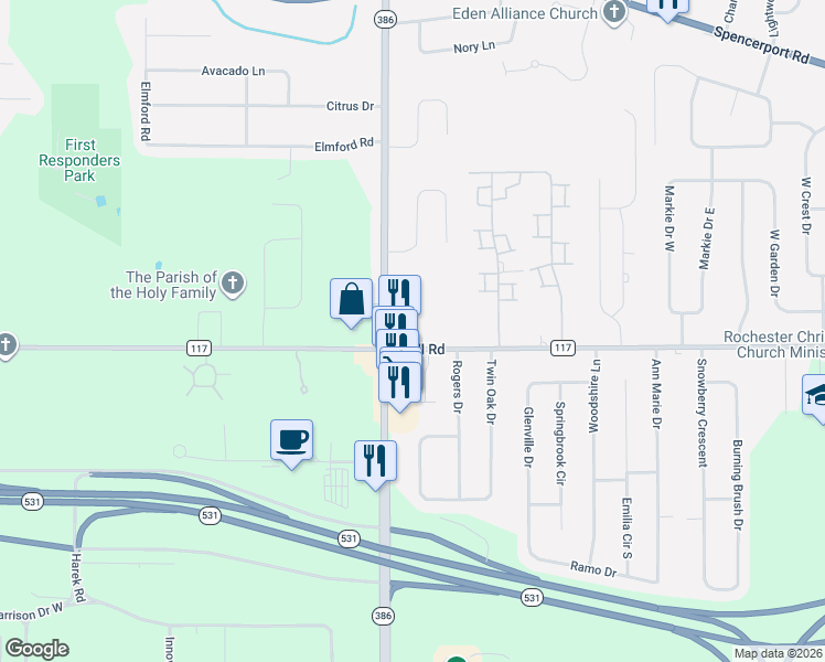 map of restaurants, bars, coffee shops, grocery stores, and more near 3872 Lyell Road in Rochester