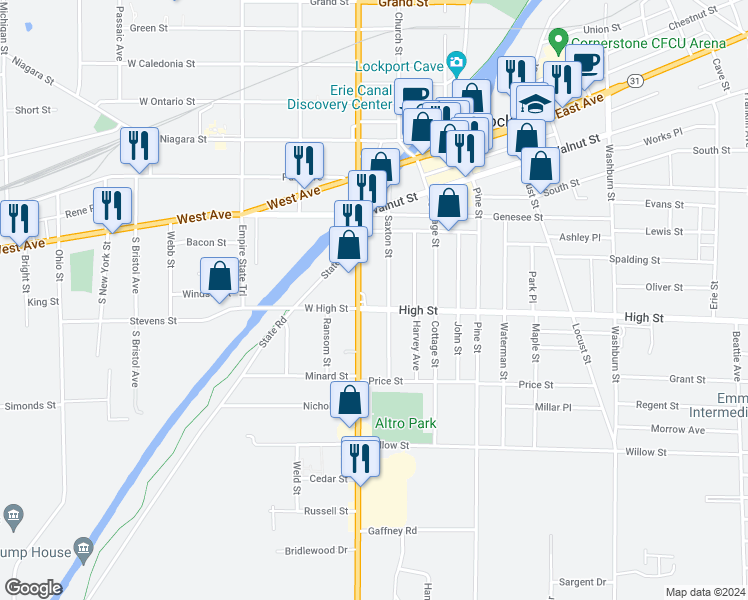 map of restaurants, bars, coffee shops, grocery stores, and more near 114 Saxton Street in Lockport