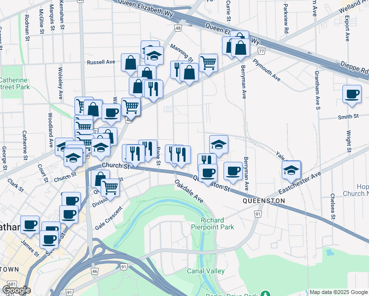 map of restaurants, bars, coffee shops, grocery stores, and more near in St. Catharines