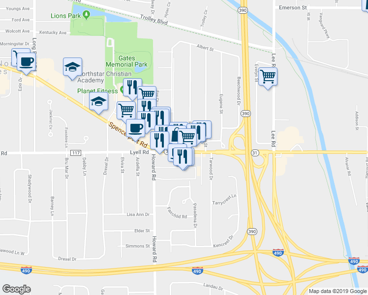 map of restaurants, bars, coffee shops, grocery stores, and more near 6 Cornelia Drive in Rochester