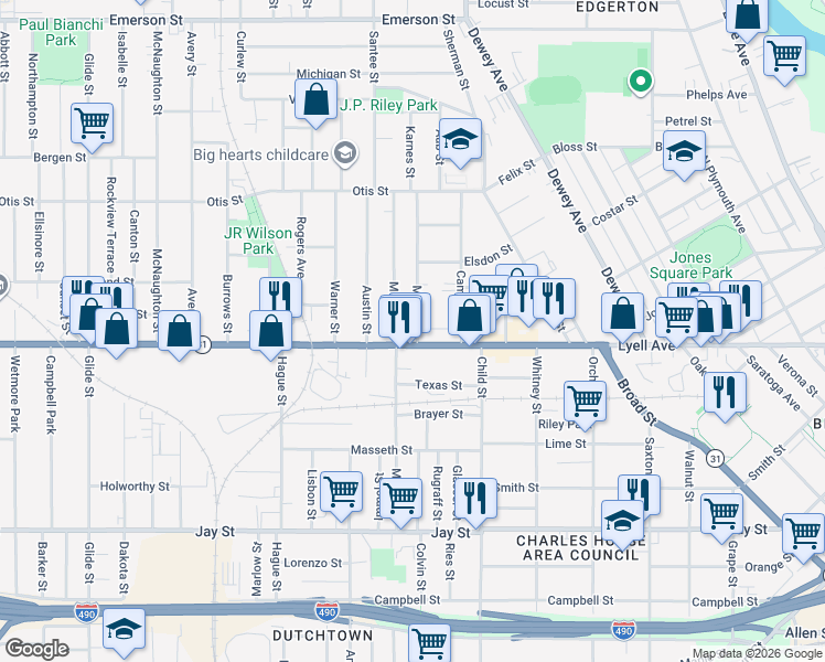map of restaurants, bars, coffee shops, grocery stores, and more near 15 Myrtle Street in Rochester