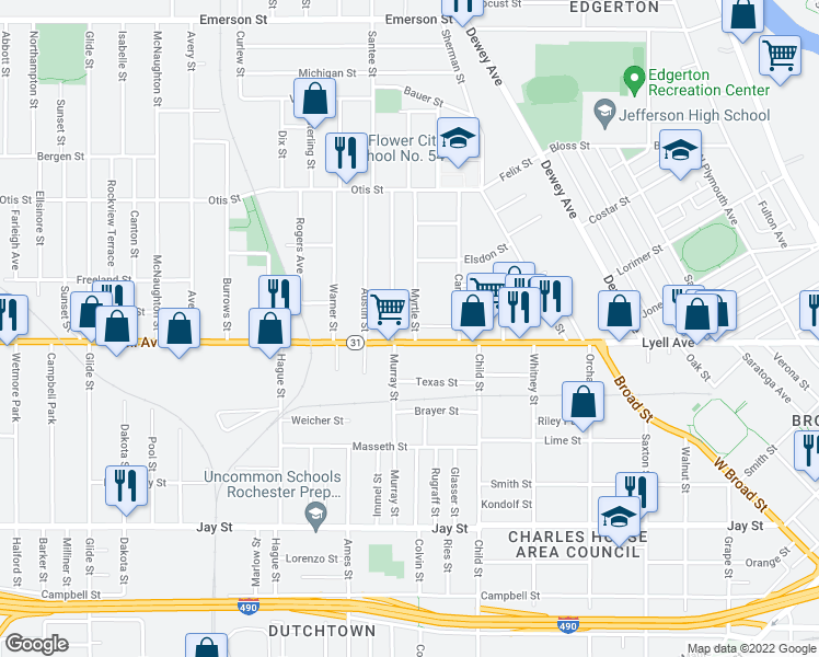 map of restaurants, bars, coffee shops, grocery stores, and more near 11 Myrtle Street in Rochester