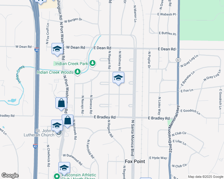 map of restaurants, bars, coffee shops, grocery stores, and more near 8115 North Whitney Road in Fox Point