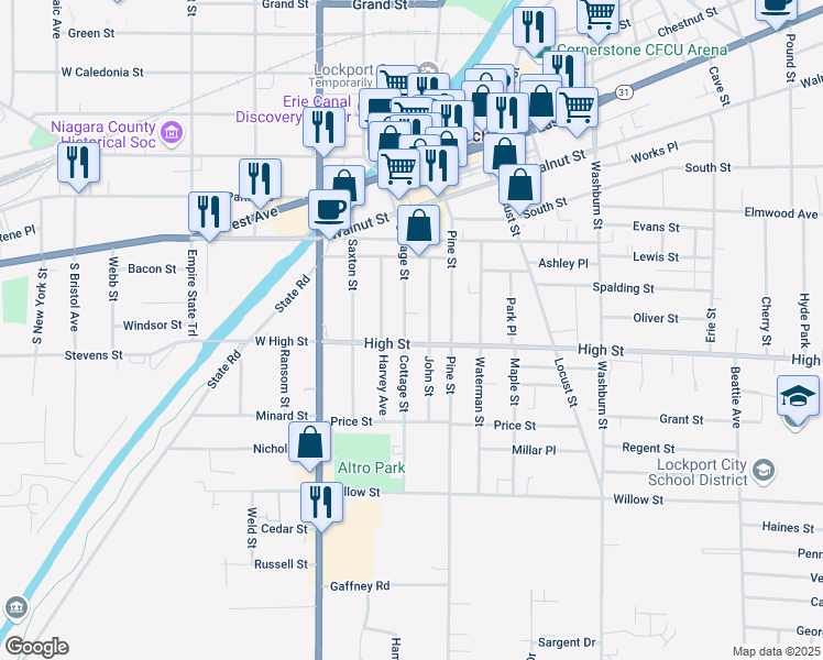 map of restaurants, bars, coffee shops, grocery stores, and more near 149 Cottage Street in Lockport