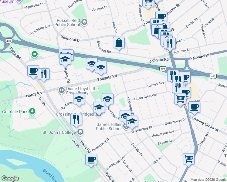 map of restaurants, bars, coffee shops, grocery stores, and more near 7 Tuscarora Court in Brantford