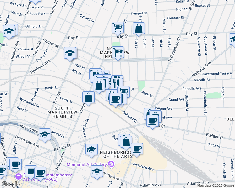 map of restaurants, bars, coffee shops, grocery stores, and more near 114 Hayward Ave in Rochester