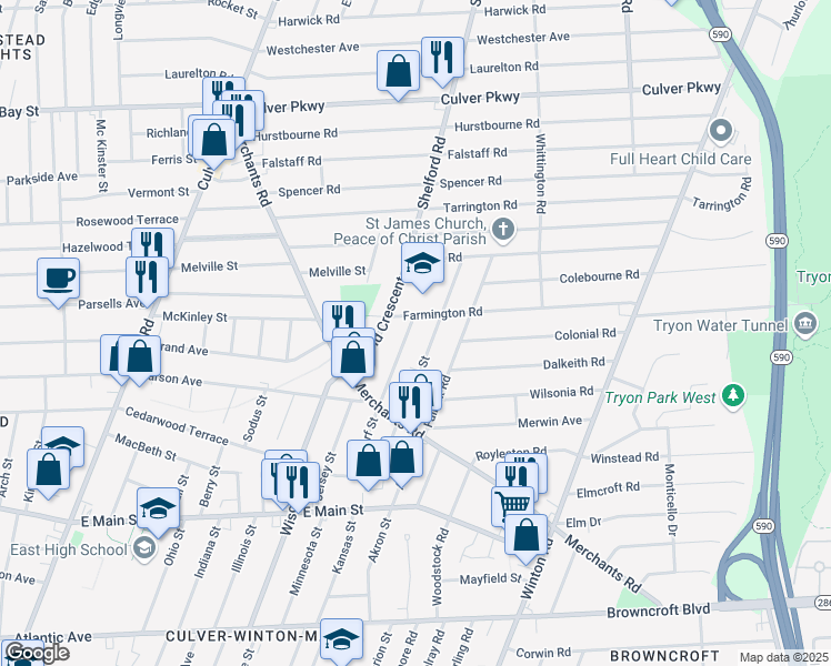 map of restaurants, bars, coffee shops, grocery stores, and more near 214 Mildorf Street in Rochester
