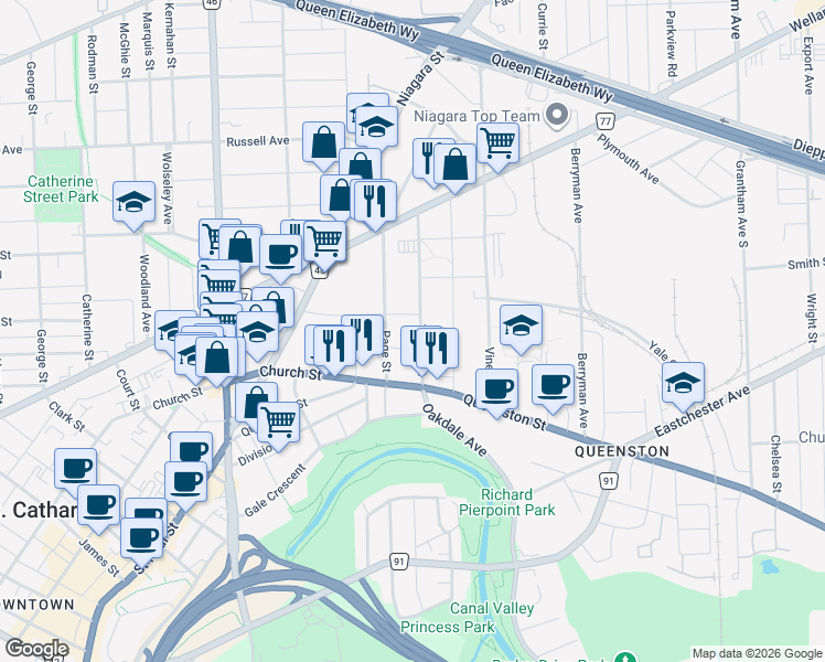 map of restaurants, bars, coffee shops, grocery stores, and more near 19 Tasker Street in St. Catharines