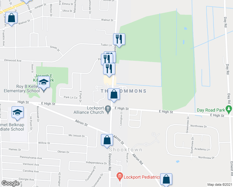 map of restaurants, bars, coffee shops, grocery stores, and more near 49 The Common in Lockport