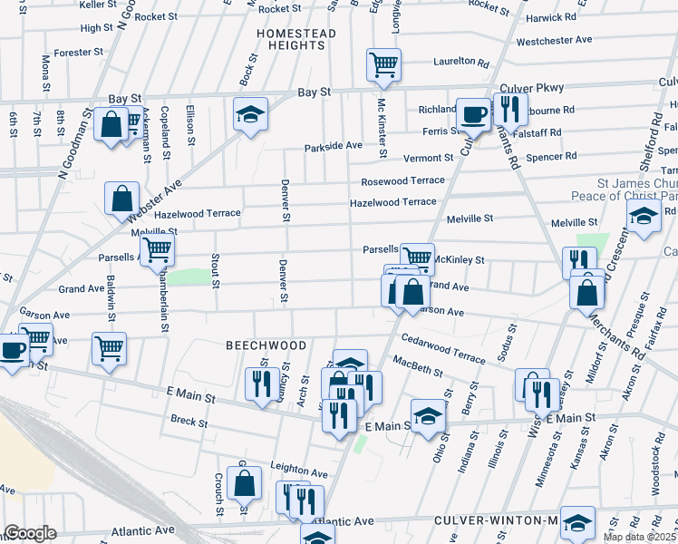 map of restaurants, bars, coffee shops, grocery stores, and more near 437 Parsells Avenue in Rochester