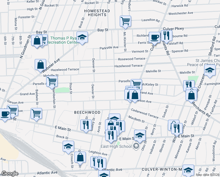 map of restaurants, bars, coffee shops, grocery stores, and more near 437 Parsells Avenue in Rochester