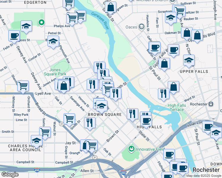 map of restaurants, bars, coffee shops, grocery stores, and more near 194 Smith Street in Rochester