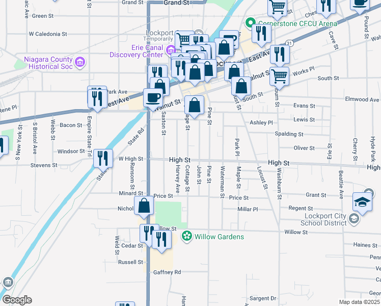 map of restaurants, bars, coffee shops, grocery stores, and more near 149 Cottage Street in Lockport