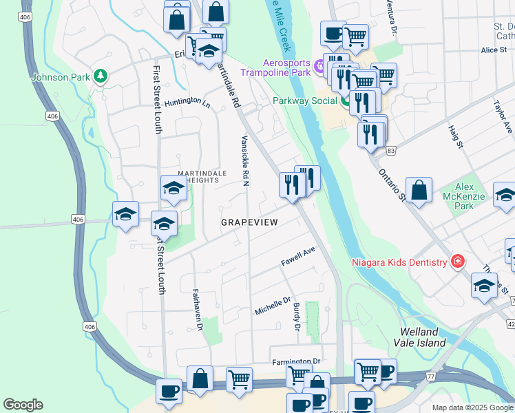 map of restaurants, bars, coffee shops, grocery stores, and more near in St. Catharines