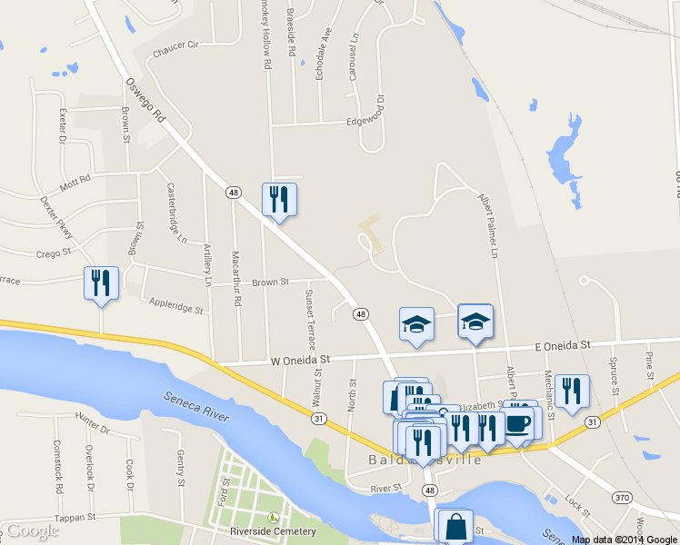 map of restaurants, bars, coffee shops, grocery stores, and more near 104 Oswego Street in Baldwinsville