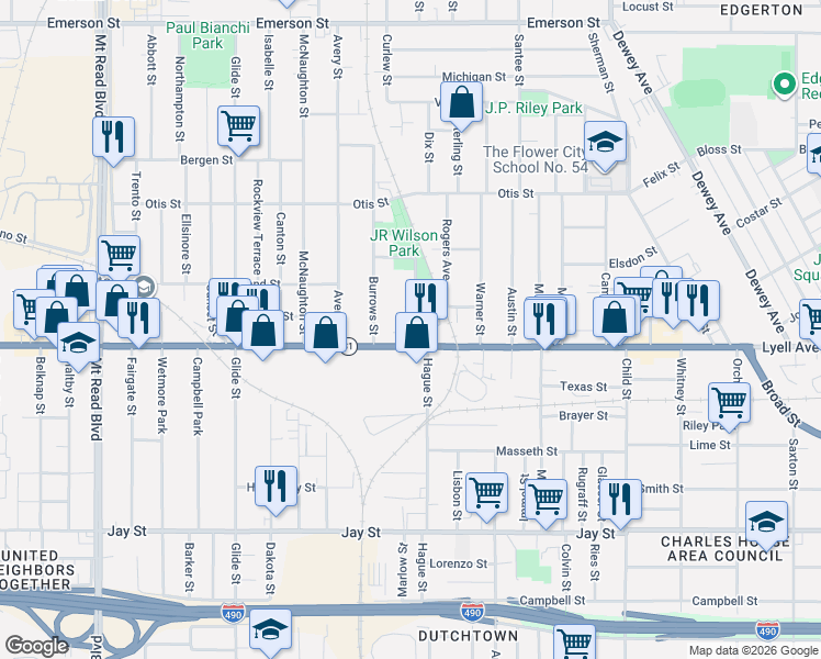 map of restaurants, bars, coffee shops, grocery stores, and more near 25 Rutter Street in Rochester