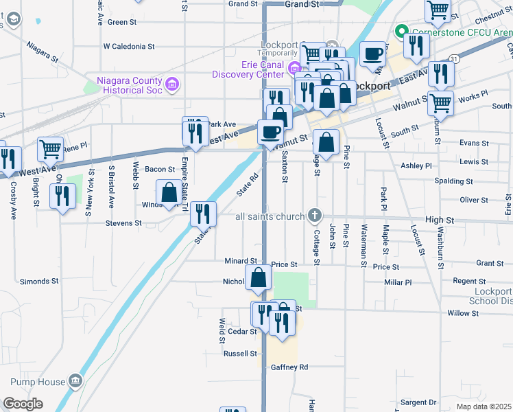 map of restaurants, bars, coffee shops, grocery stores, and more near 95 South Transit Street in Lockport