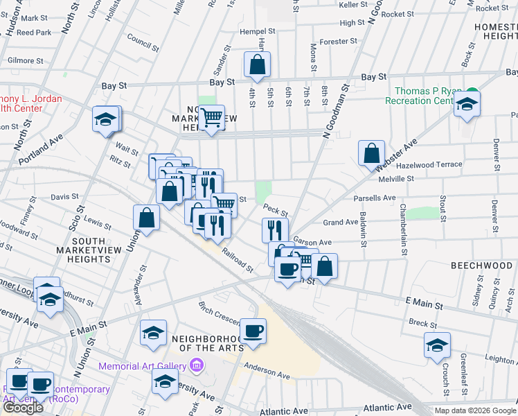 map of restaurants, bars, coffee shops, grocery stores, and more near in Rochester