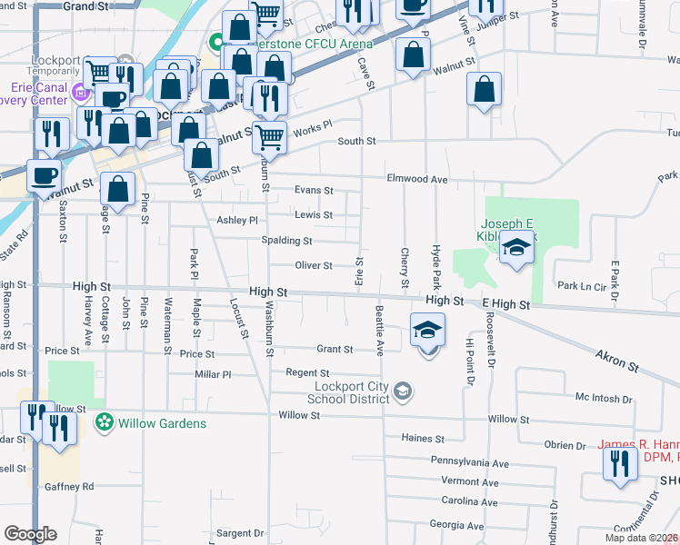 map of restaurants, bars, coffee shops, grocery stores, and more near 86 Oliver Street in Lockport