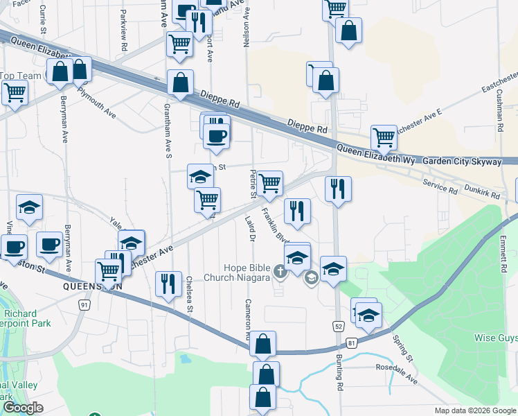 map of restaurants, bars, coffee shops, grocery stores, and more near 55 Franklin Boulevard in St. Catharines