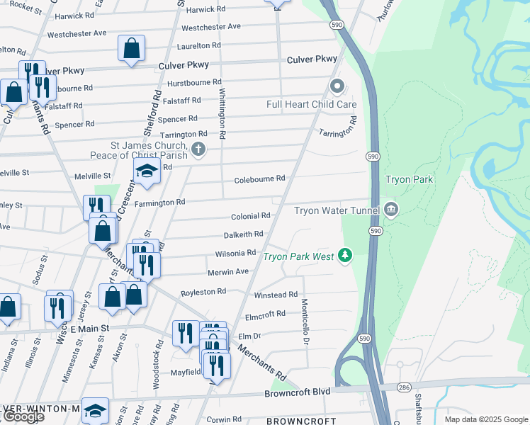 map of restaurants, bars, coffee shops, grocery stores, and more near 200 Colonial Road in Rochester