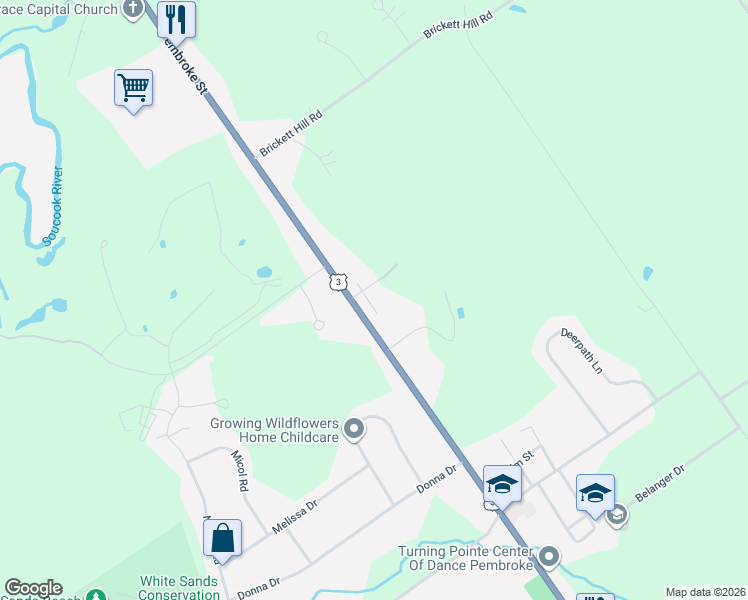 map of restaurants, bars, coffee shops, grocery stores, and more near 207 Bean Hill Road in Pembroke