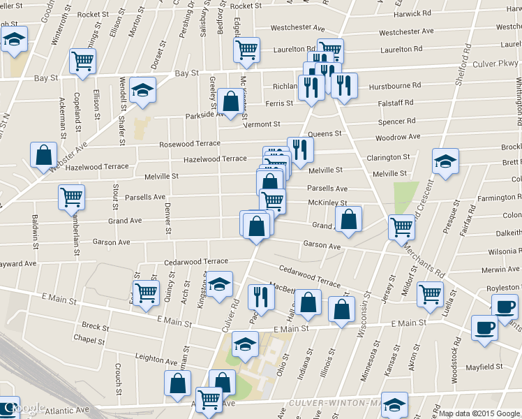 map of restaurants, bars, coffee shops, grocery stores, and more near 1103 Culver Road in Rochester