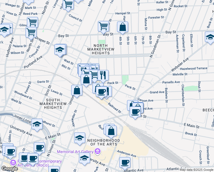 map of restaurants, bars, coffee shops, grocery stores, and more near 114 Hayward Avenue in Rochester