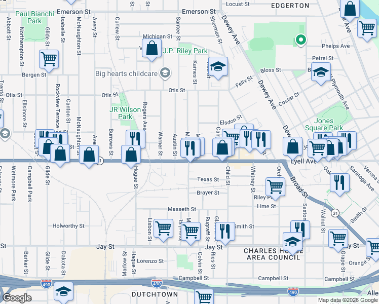 map of restaurants, bars, coffee shops, grocery stores, and more near 37 Myrtle Street in Rochester