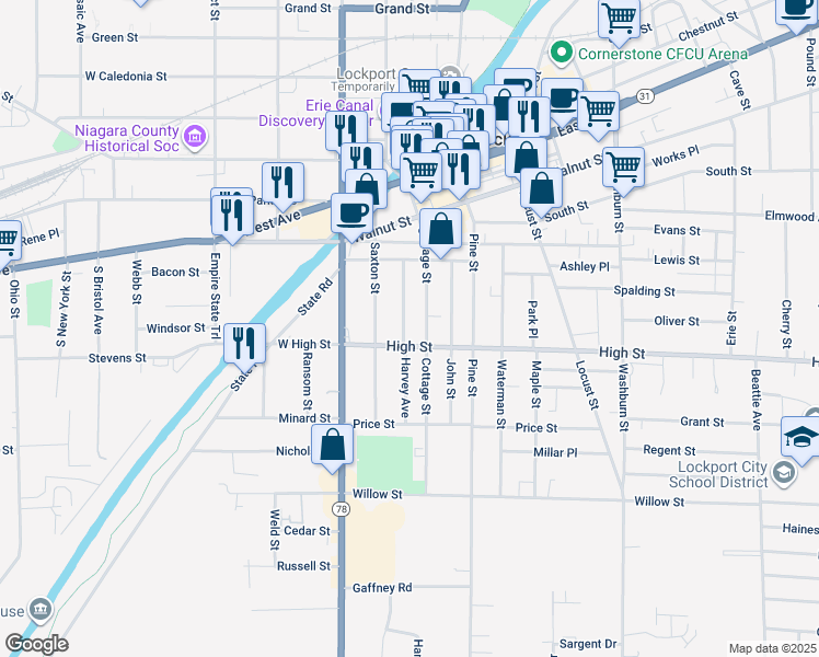 map of restaurants, bars, coffee shops, grocery stores, and more near 57 Harvey Avenue in Lockport