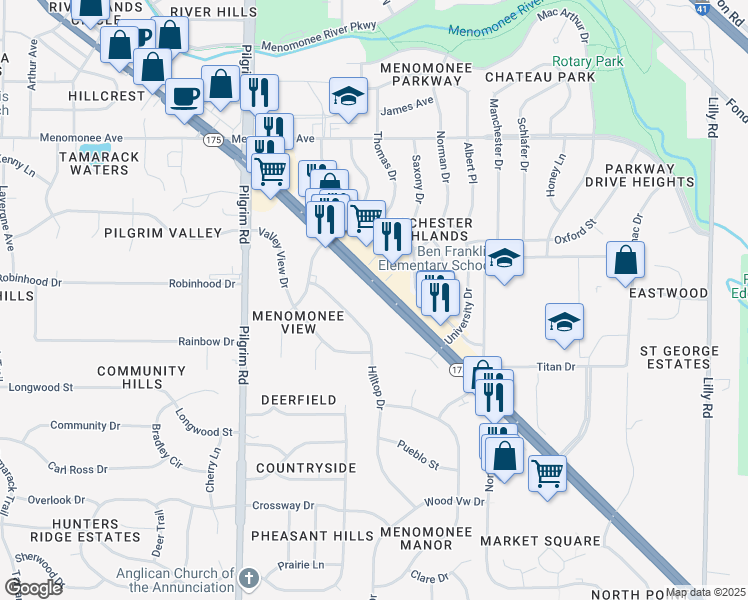 map of restaurants, bars, coffee shops, grocery stores, and more near 15082 Appleton Avenue in Menomonee Falls