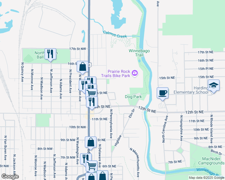 map of restaurants, bars, coffee shops, grocery stores, and more near 1413 North Pennsylvania Avenue in Mason City
