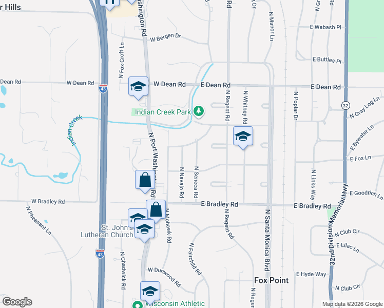 map of restaurants, bars, coffee shops, grocery stores, and more near 8156 North Navajo Road in Fox Point