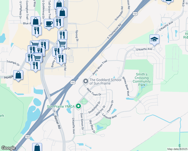 map of restaurants, bars, coffee shops, grocery stores, and more near 2531 Jenny Wren Trail in Sun Prairie