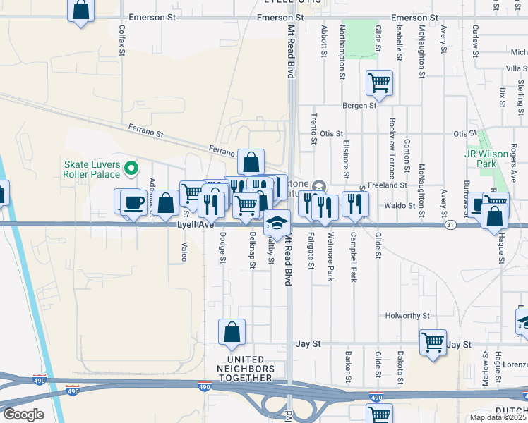 map of restaurants, bars, coffee shops, grocery stores, and more near 1374 Lyell Avenue in Rochester