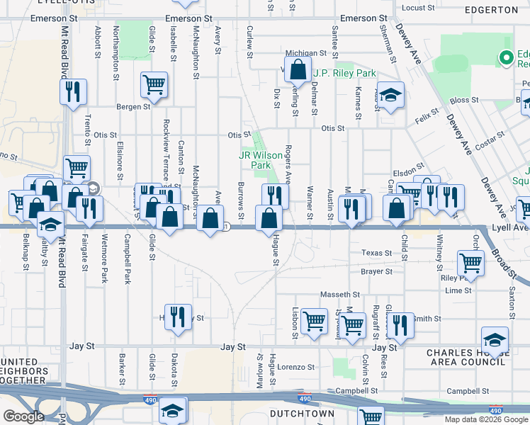 map of restaurants, bars, coffee shops, grocery stores, and more near 35 Rutter Street in Rochester