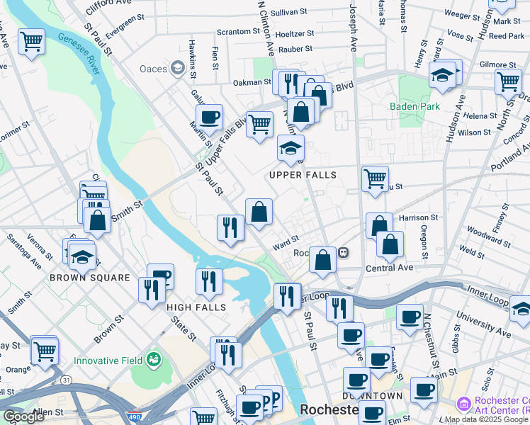 map of restaurants, bars, coffee shops, grocery stores, and more near 49 Saint Bridgets Drive in Rochester