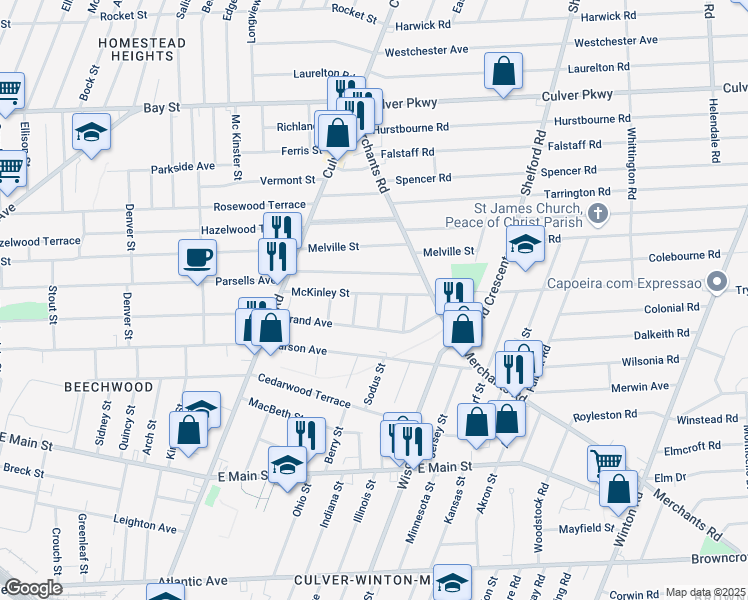 map of restaurants, bars, coffee shops, grocery stores, and more near 137 McKinley Street in Rochester